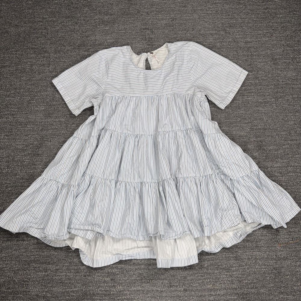 Free People Tiered Babydoll Tunic Dress Women Large Blue White Stripe Mini FLAW